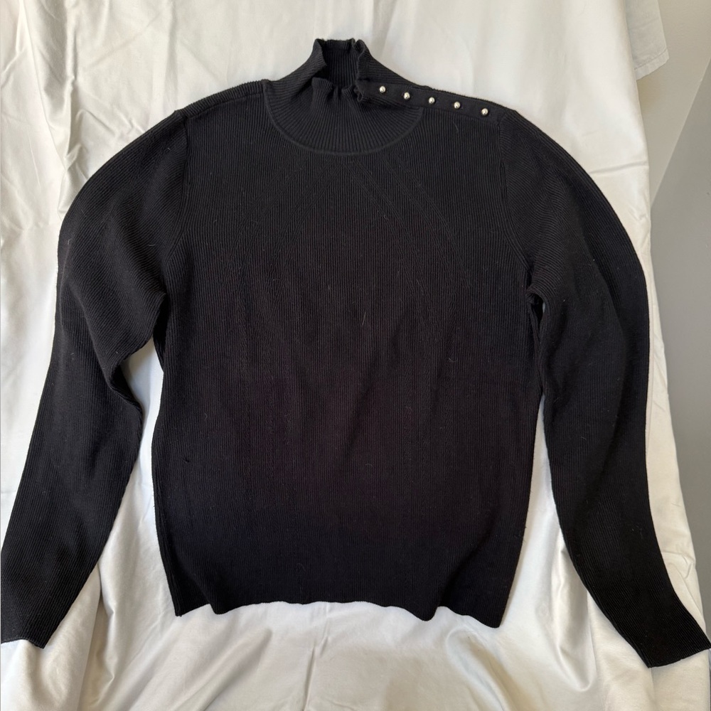 White House Black Market Black Turtleneck Sweater with Button Accents